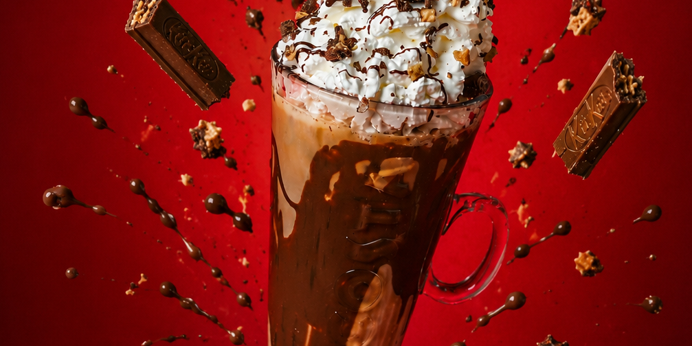 Crunchy Latte roppanos ostyadarabokkal es kakaos szosszal made with KITKAT Mix in KITKAT Sauce
